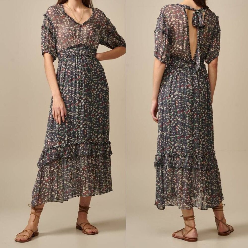 Bellerose Horace Midi dress Women's Size 0 Floral Tie back Floral Ruffle Skirt